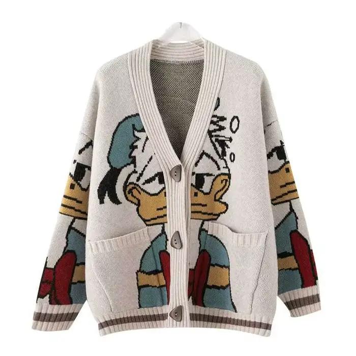 Pull Jacquard Donald Duck Disney pour femmes, motifs de dessins animés, Cardigan tricoté ample, haut