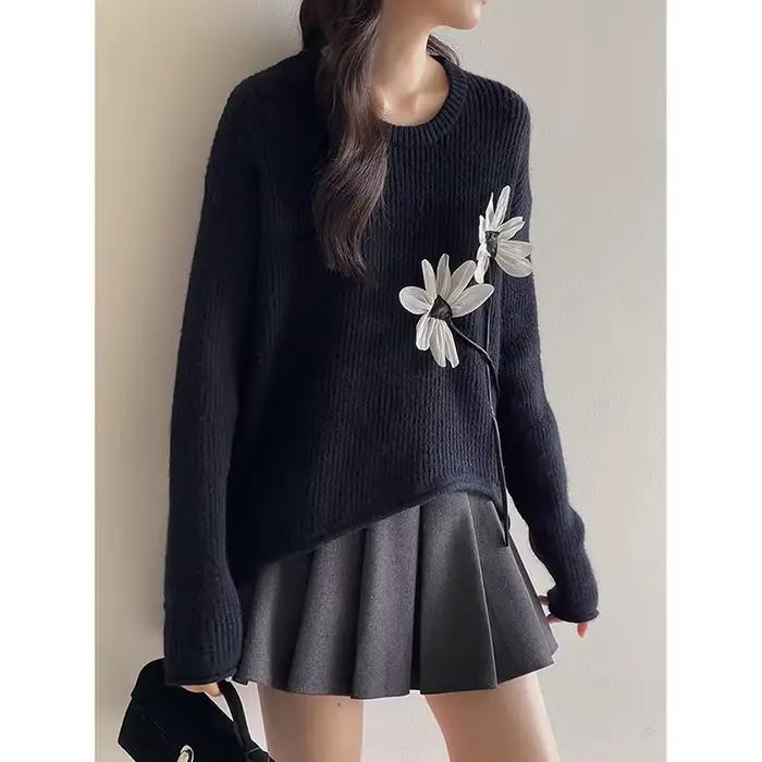Pull rétro à fleurs tridimensionnelles pour femmes, haut irrégulier avec ourlet d'automne, 2025