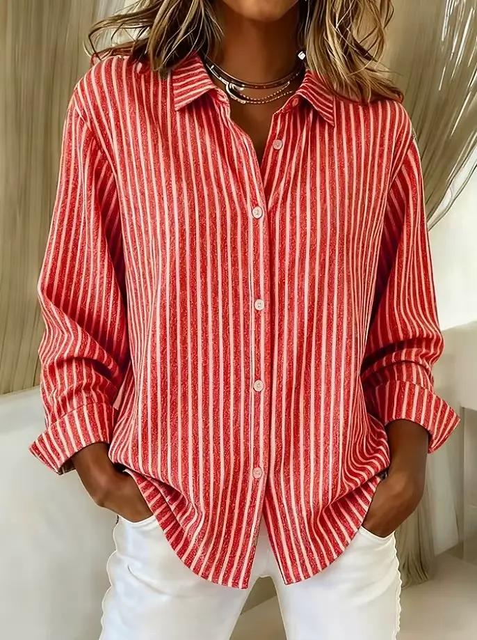 Chemise femme chemisier rayé Vintage élégant décontracté à manches longues col de chemise hauts régu