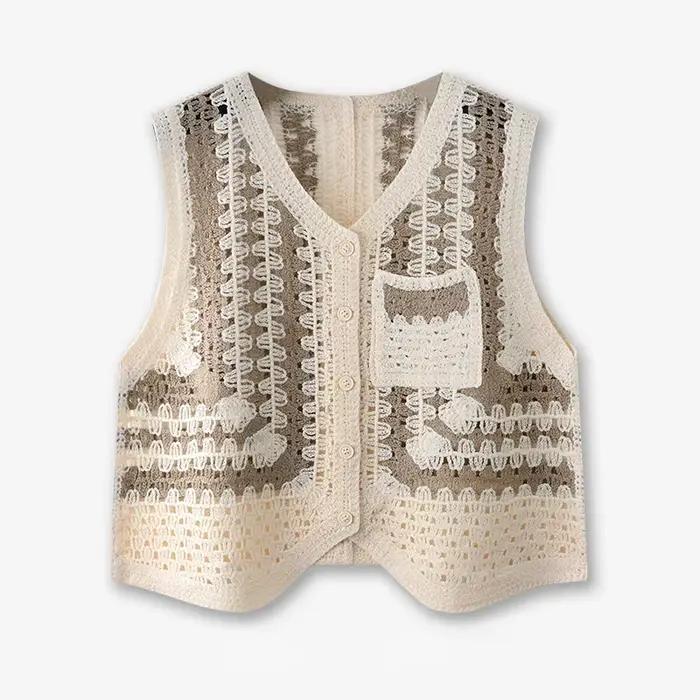 Gilet en Crochet à fleurs perlées pour femmes, bouton transparent sur le devant, sans manches, trico