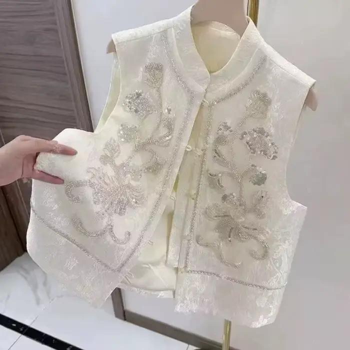 Gilet de luxe brodé de fleurs pour femme, collection Printemps-Été 2025, veste sans manches courte s