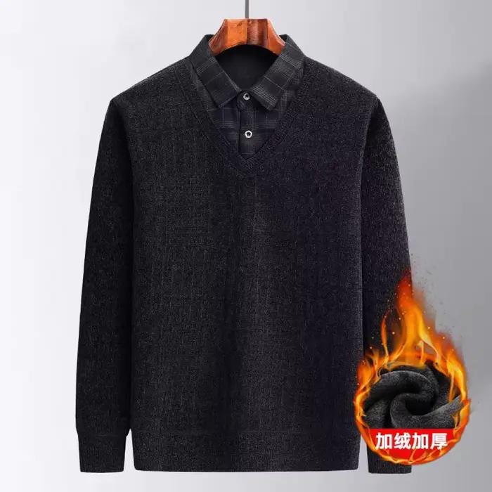 Pull tricoté chaud en polaire épaissie pour homme d'âge moyen, effet deux-pièces, anti-froid, sous-v