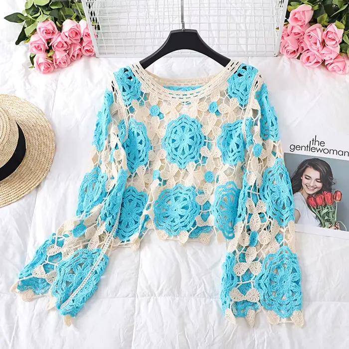 Pulls en tricot floral au crochet pour femmes, pulls évidés, manches longues, esthétique bohème coré