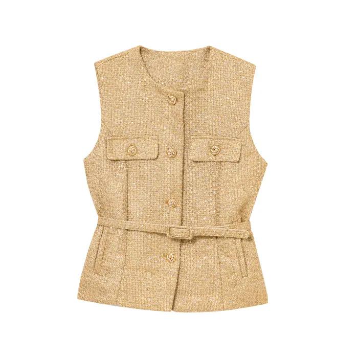 HH femmes élégant solide ceinture gilets hauts col rond bouton en métal sans manches gilet bureau vê