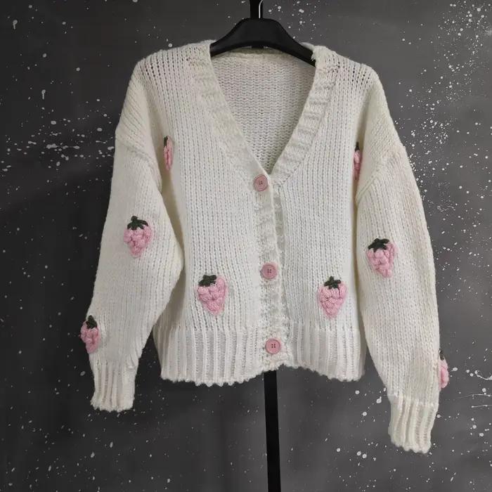 LANMREM-Pull tricoté à col en V pour femme, manches bouffantes, simple boutonnage, pulls chics, doux