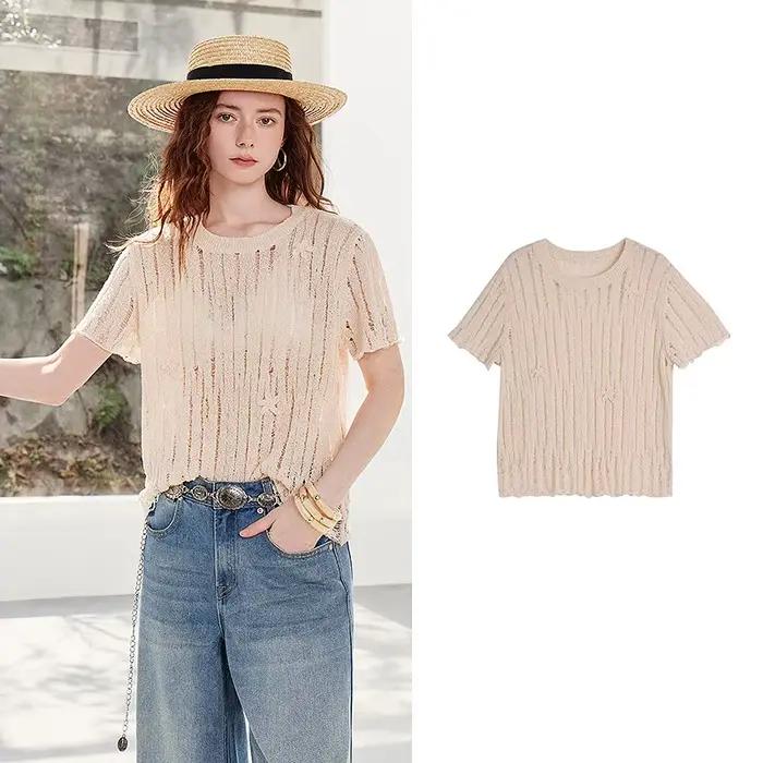 TOYOUTH Pull en lin ajouré pour femme, nouvelle collection été 2026, style forêt rétro, léger et déc