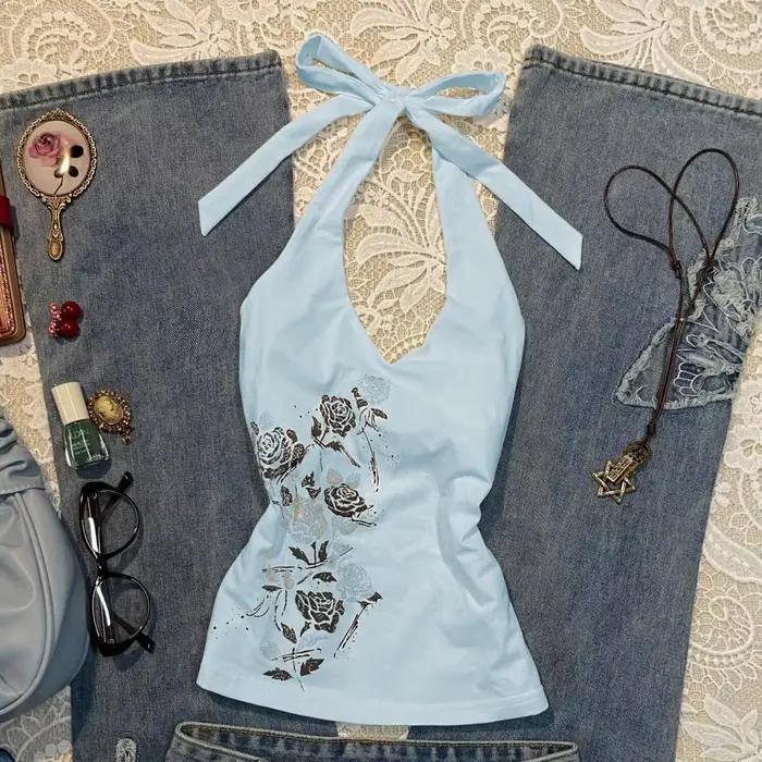 Gilet Camisole imprimé Vintage américain bleu Rose pour femmes, été épicé pour filles, taille fine, 