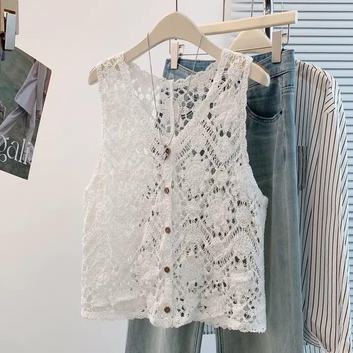 Gilet en crochet Granny Square pour femme, sans manches, boutonné, ajouré, tricoté, style bohème, po