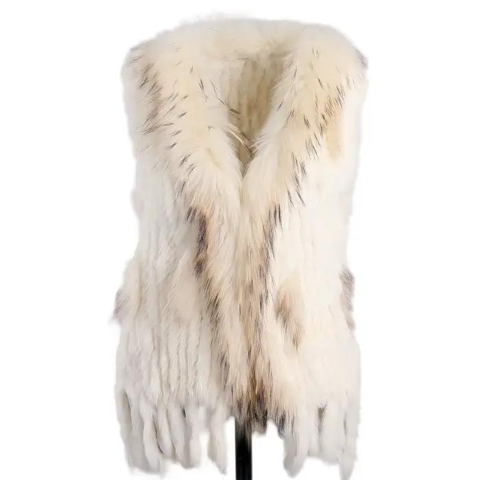 BOONJOVIA femmes 100% réel fourrure de lapin tricoté Gilet fourrure de raton laveur garniture col Gi