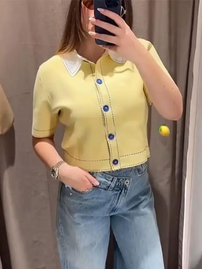 Pull tricoté à revers jaune, décontracté, manches courtes, simple boutonnage, Slim, chaud, pour femm