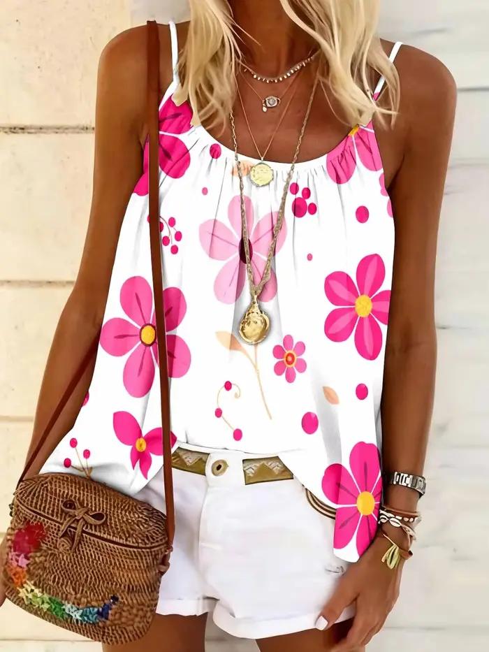 Camisole florale douce, pull ample amincissant, tenue de plage polyvalente, gilet de base, haut déco