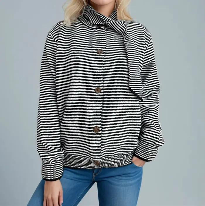 Cardigan tricoté rayé avec boutons et cravate, nouveau Style automne/hiver 2025