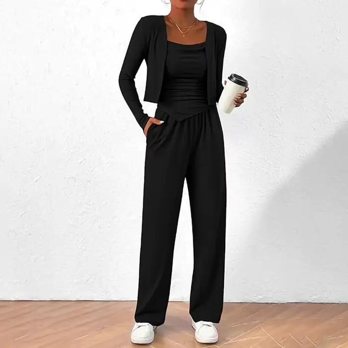 Ensemble trois pièces Cardigan pour femme, gilet décontracté avec pantalon à jambes larges, pour les