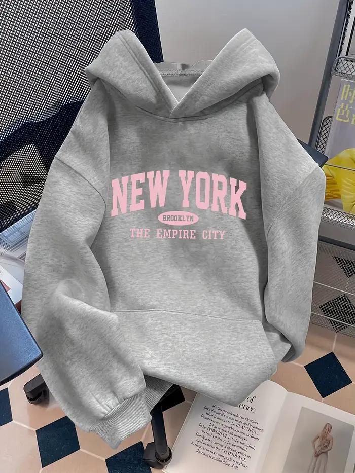 Sweat à capuche ample pour femme, motif lettres New York, style décontracté, col à capuche à motif g