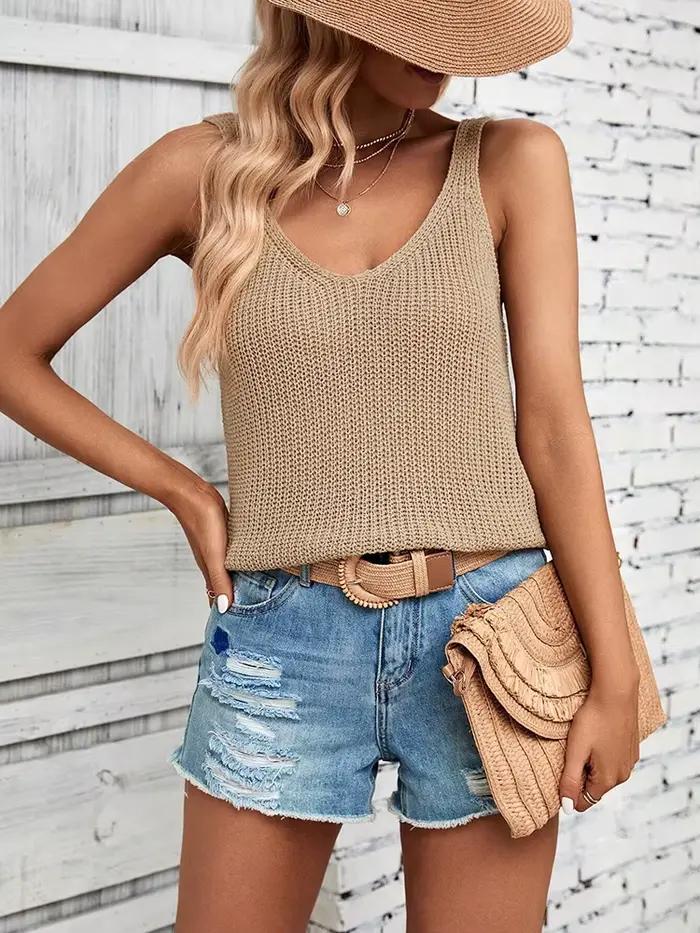 Gilet élégant à col en V, couleur unie, tricoté, pull pour femme, nouveau style printemps/été