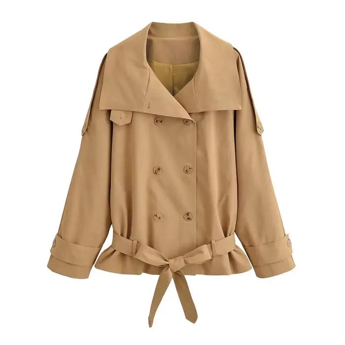 HH Veste Courte Chic pour Femme, Col Montant, Double Boutonnage, Ceinture Décorative, Style Urbain, 