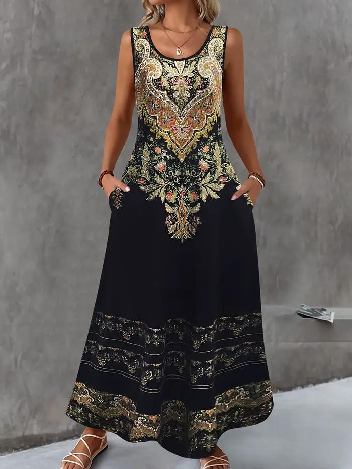 Robe sans manches à motif Paisley pour femmes, col rond, poche, robe décontractée, vêtements pour fe