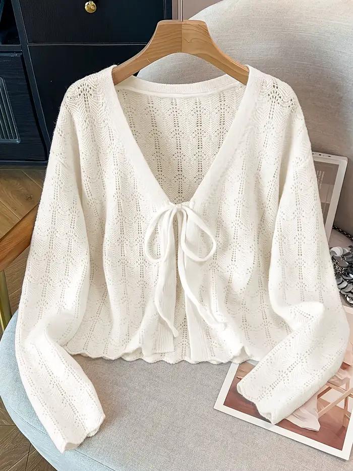 Cardigan en tricot élégant pour femmes, avec nœud à l'avant, couleur unie, doux, décontracté, pour l