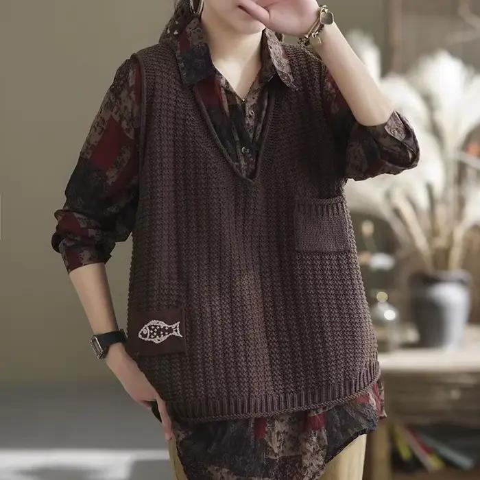 Pull Vintage à Col en V pour Femme, Vêtement Solide, Décontracté, Assressentiavec Tout, Patchwork, P