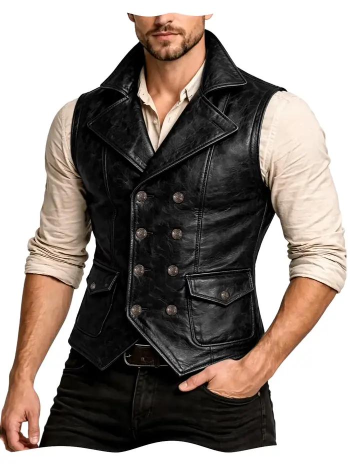 Gilet en cuir pour homme, style vintage western, coupe ajustée, double boutonnage, col à revers, san