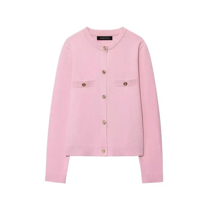 Cardigan ouvert tricoté à boutons dorés, couleur Pure, col rond, vêtements d'extérieur, mode automne