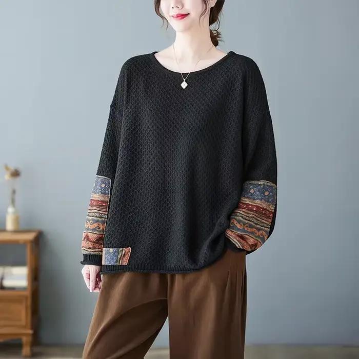 Pull patchwork vintage pour femmes, pull à col rond, tricots élégants pour femmes, mode décontractée