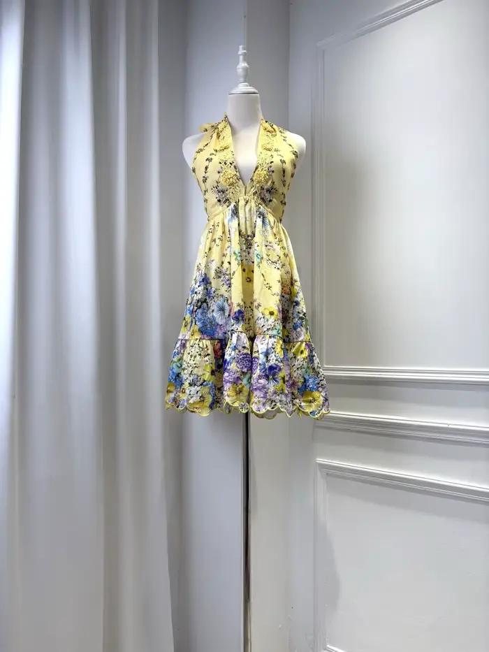Robe Courte Femme en Lin Brodé Floral, Col Halter, Imprimé Fleuri, Taille Haute, Sans Manches, Dos N