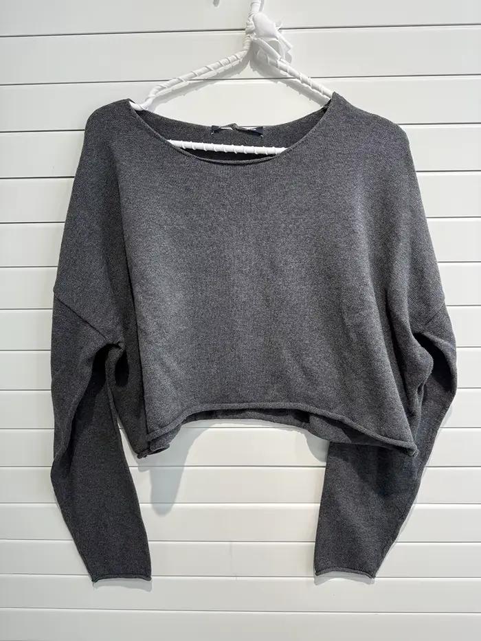 Pull court Vintage à ourlet brut pour femme, ample, col rond, manches longues, surdimensionné, décon