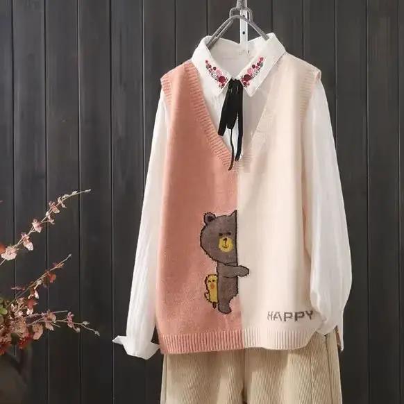 Chandails en tricot pour femmes, col en v, épissure, pull Kawaii, mignon, classique, en offre, esthé