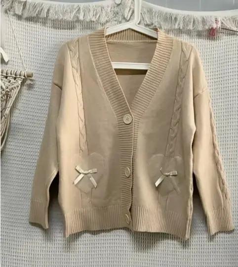 KOSAHIPastel-Cardigan japonais Kawaii avec poches à nœud en forme de cœur pour femme, pull mignon, m