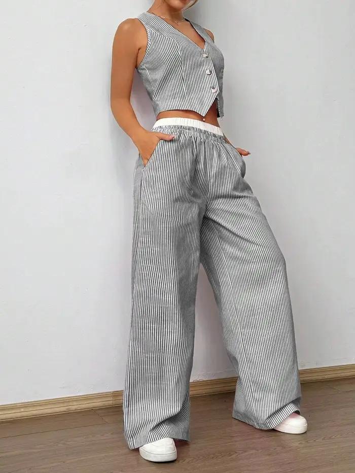 2025 nouveau élégant rayé sans manches col en v gilet taille contraste Co pantalon deux pièces ensem