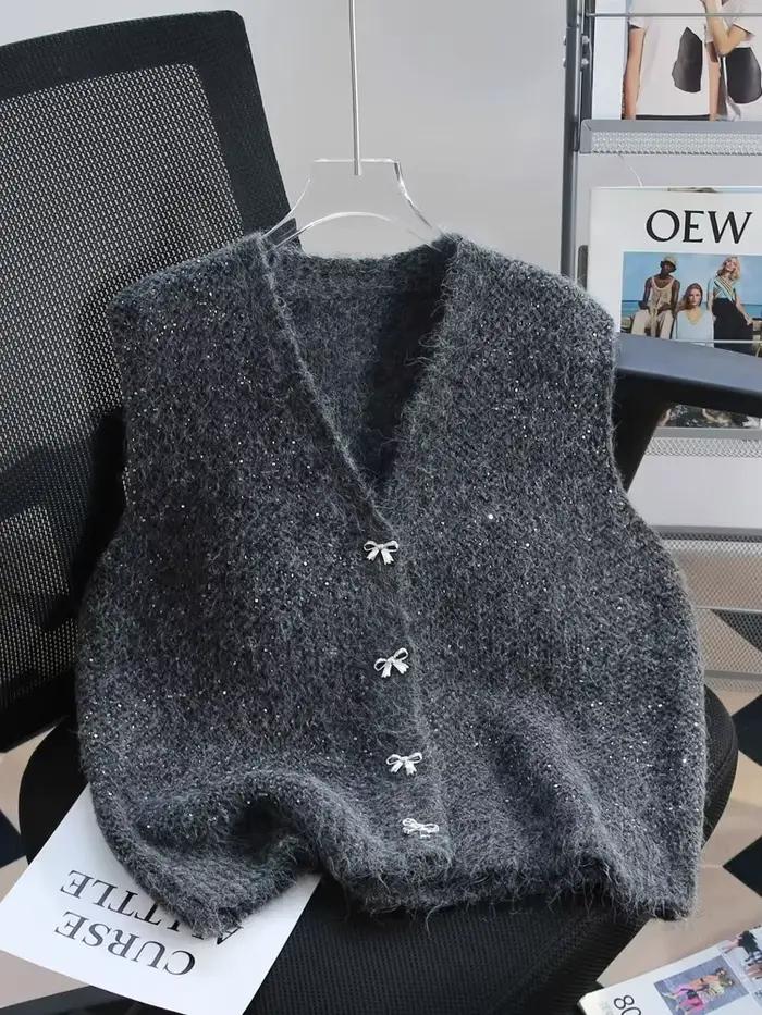 Gilet tricoté Design Sense 2026 – Collection Automne-Hiver – Vêtement décontracté ample avec nœud po