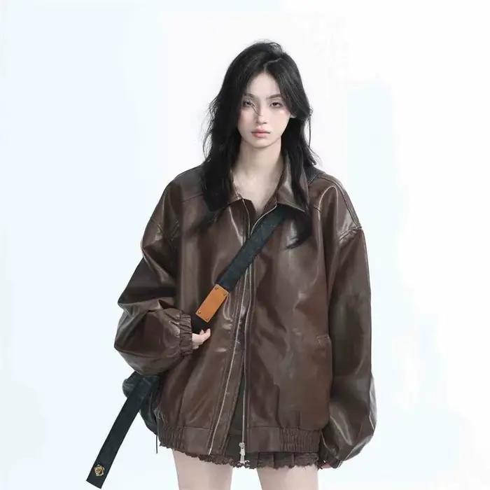 Nouvelle veste en cuir PU marron style locomotive pour femme, collection automne 2026, coupe ample r