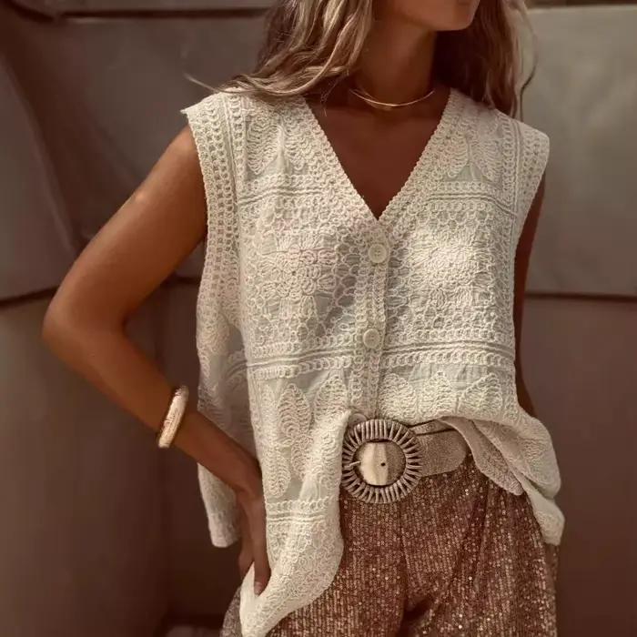 Gilets et vestes au crochet pour femmes, sans manches, col en V, brodés, tricotés, décontractés, d'é