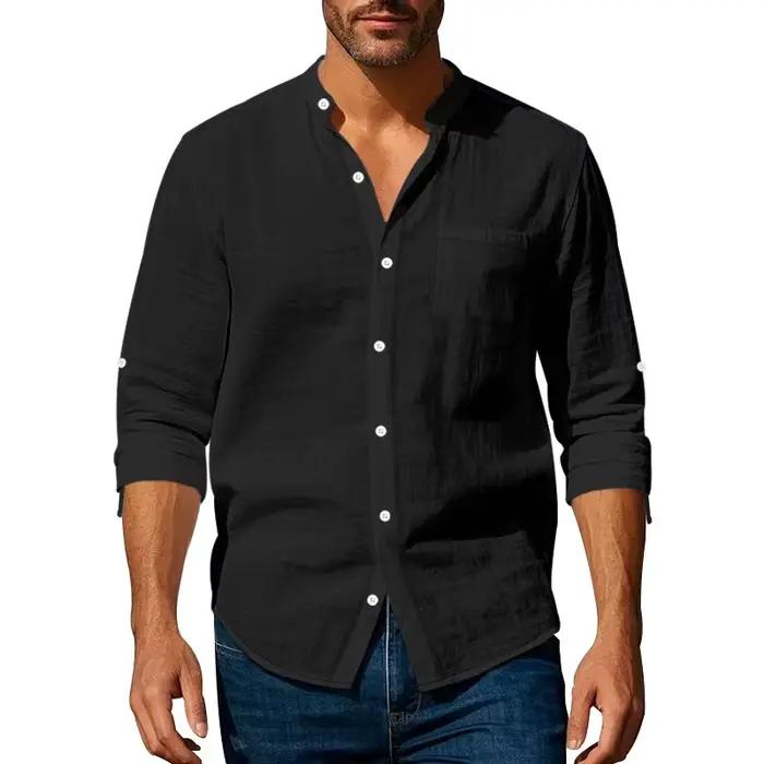 Chemise de poche en lin à manches longues et col montant pour hommes, respirante et décontractée, no