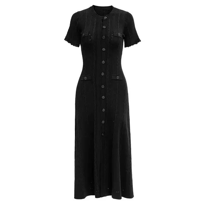 Robe midi vintage en tricot torsadé, boutonnée sur le devant, à manches courtes volantées, avec poch