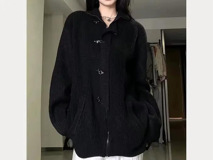 Cardigan tricoté à col montant, rétro, ample, mode décontractée, polyvalent, veste pull à fermeture 