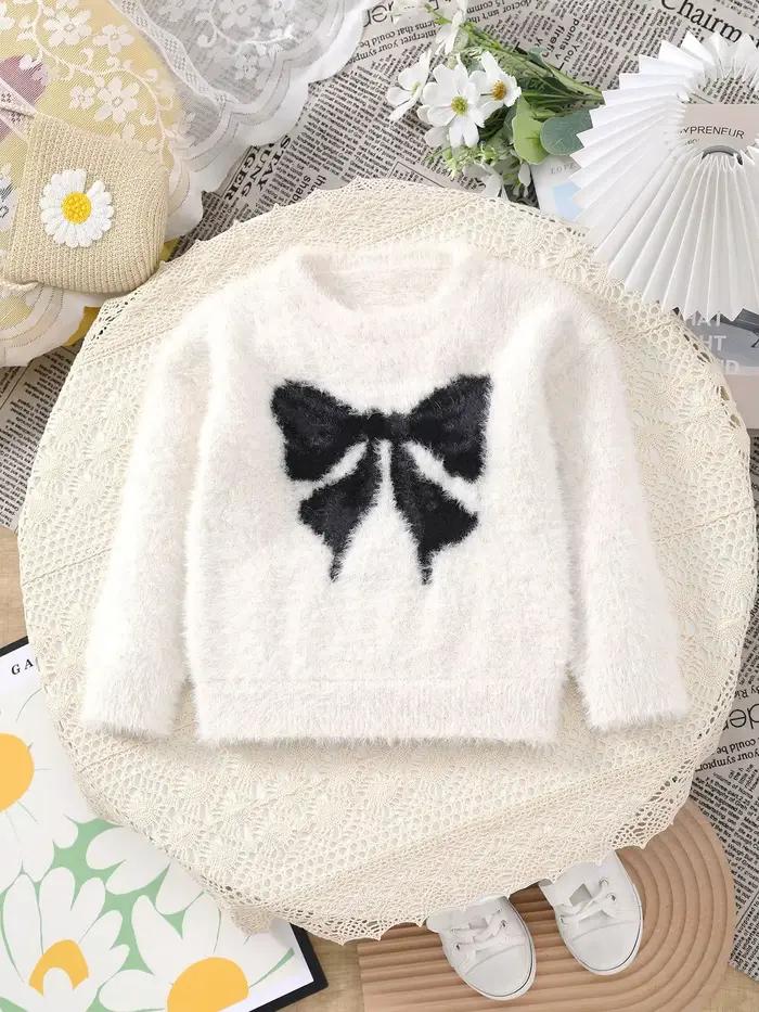 Pull en fausse fourrure de vison pour filles, avec un nœud noir sur la poitrine, doux et agréable po