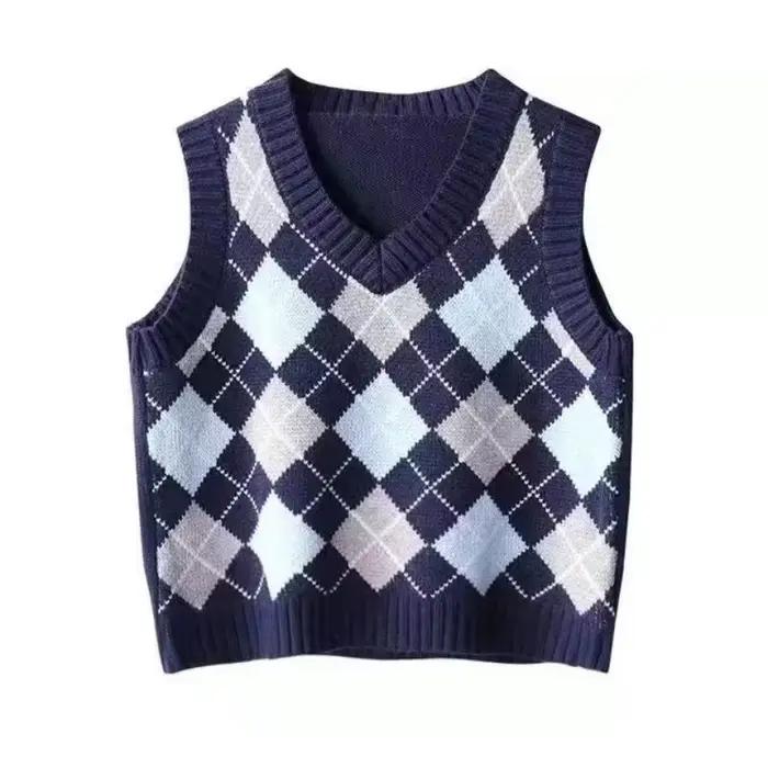 Gilet court en tricot pour femme, style rétro japonais, motif Argyle, col en V, pour le printemps et