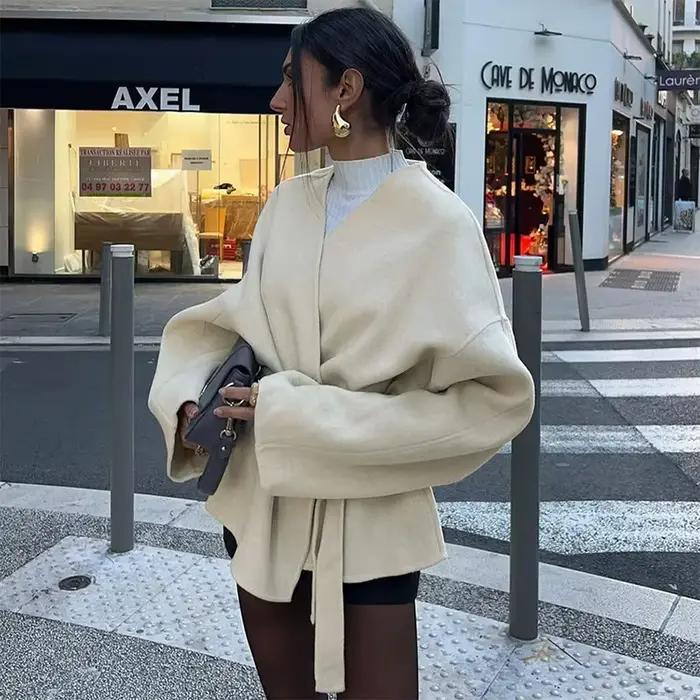 Manteau Élégant à Lacets pour Femme, Col en V, Manches sulf, Veste Slim, Cardigan, Streetwear, Vêtem