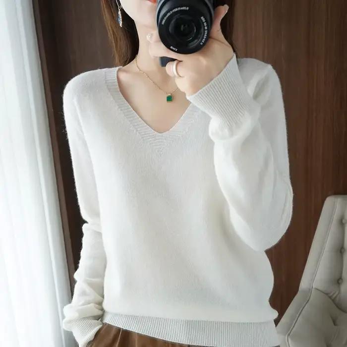Pull en cachemire à col en V pour femme, col en dentelle, design évidé, décontracté, manches longues