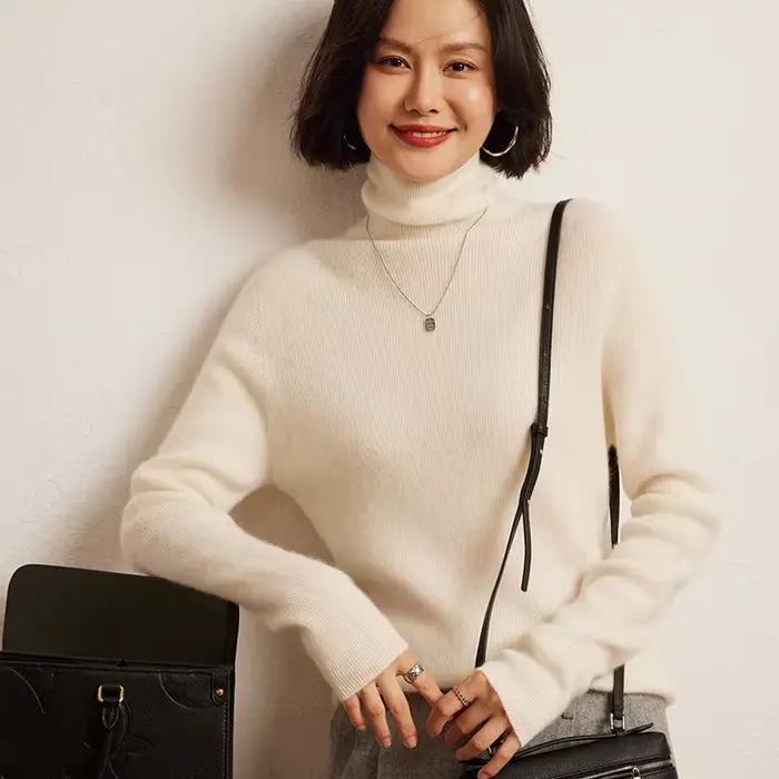 Pull en cachemire 100% pour femme, pull tricoté à col haut, couleur unie, coupe ajustée, cachemire d
