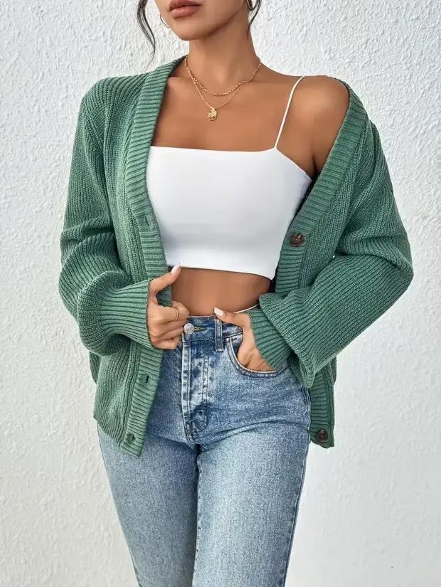Cardigan à col en v pour femme, pull tricoté de couleur unie, décontracté et polyvalent, automne et 