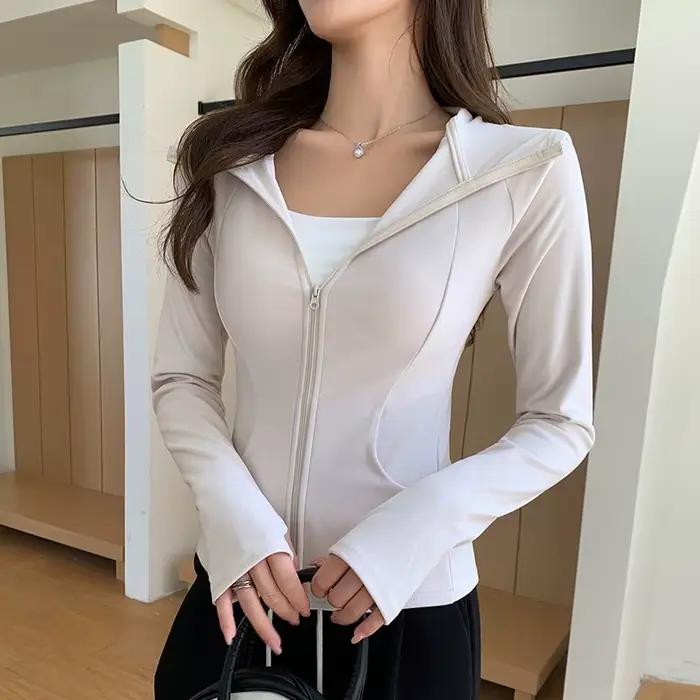 Sweat-shirt à capuche pour femmes, Cardigan court de sport, Yoga, taille fine, fermeture éclair, nou