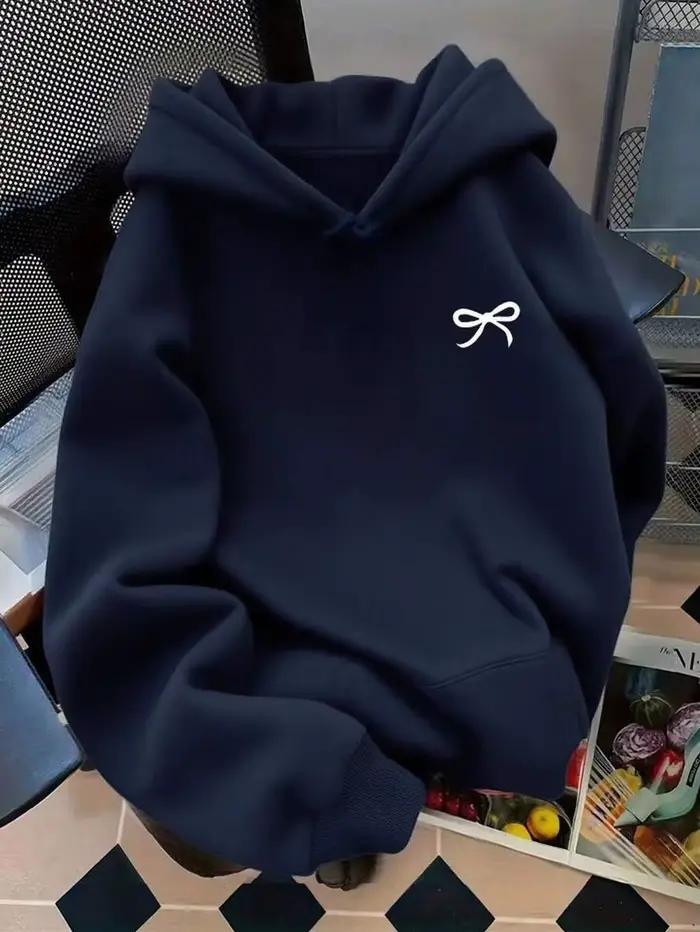 Sweat-shirt à capuche bleu marine avec imprimé nœud, coupe ample et décontractée, à manches longues,