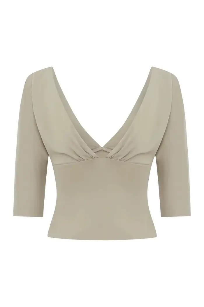Haut pour femme avec col en V, manches mi-longues, cintré à la taille, ajusté, amincissant, basique 
