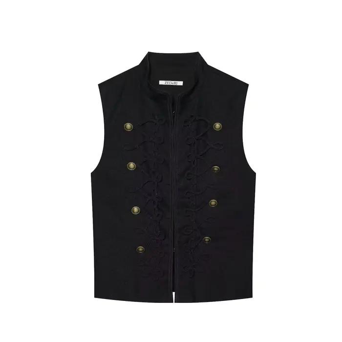 HH Gilet d'été pour femme, style victorien, noir, à lacets, col montant, boutons bronze, sans manche