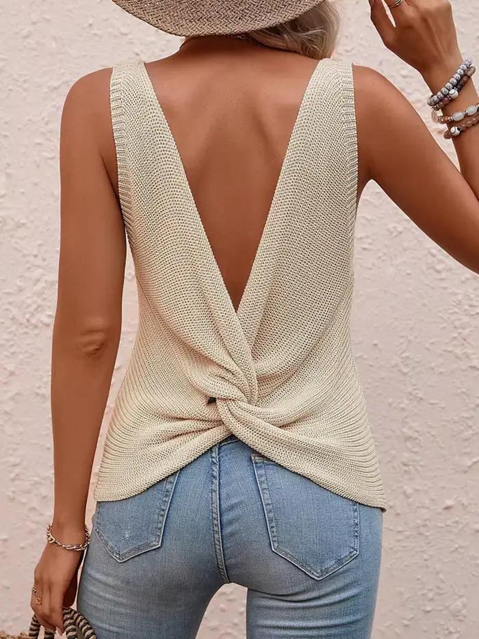 Pull tricoté torsadé et coupe au dos, haut décontracté sans manches pour femmes, pull d'été pour vêt