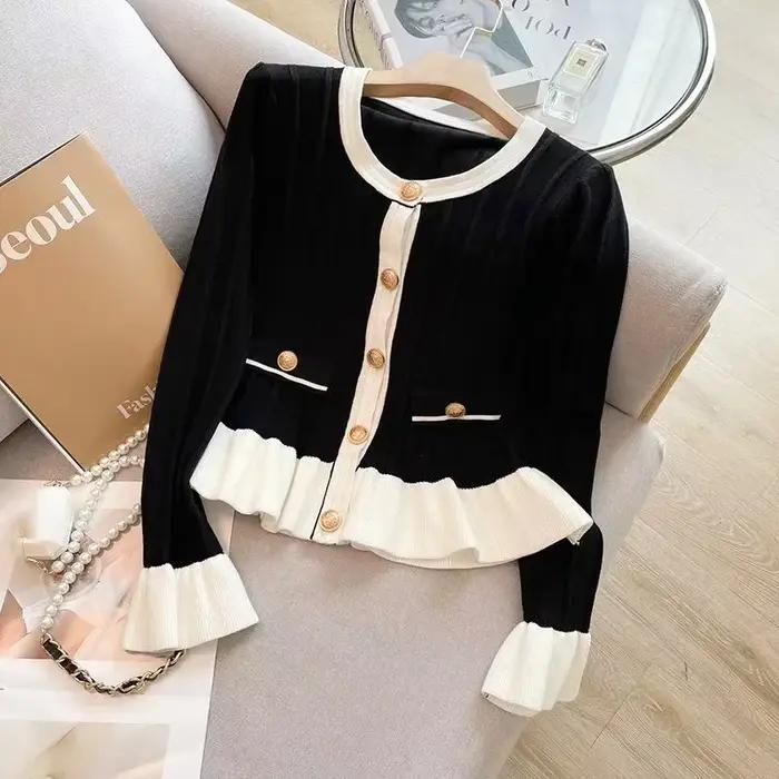 Doux Cardigan femmes vêtements col rond manches évasées tunique Sueter Mujer volants Vintage tricoté
