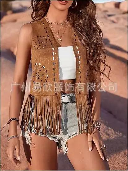Gilet Western à franges pour femme – Gilet vintage en simili daim avec bordure à pampilles, veste sa